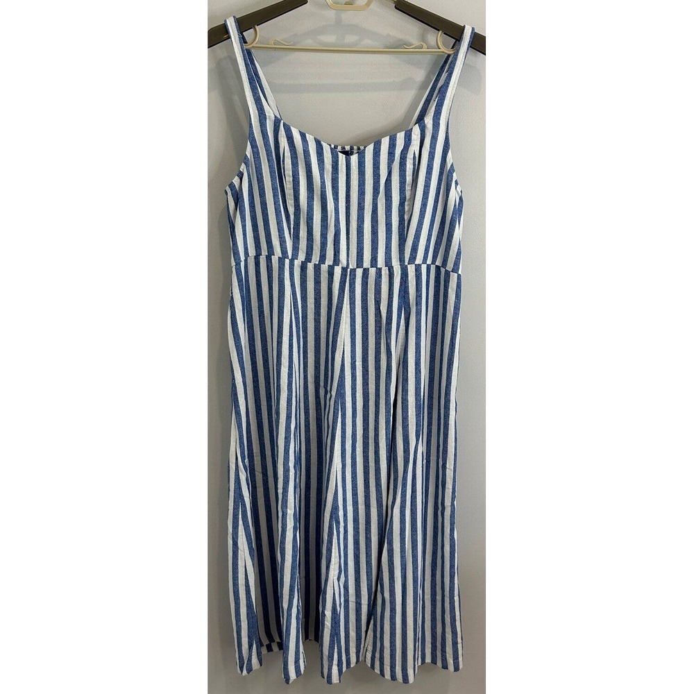 Old Navy Linen Blend Blue White Stripe Strappy Smocked Back Midi Dress New XXL